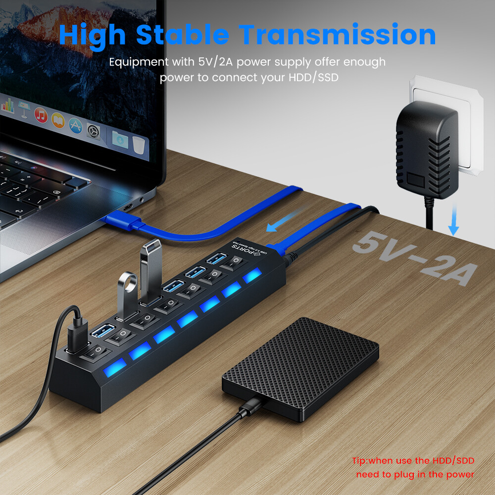 BOKEWU USB 2.0 HUB Multi USB HUB Splitter 4/7 Ports Multiple Expander USB Adapter with Switch for PC Laptop