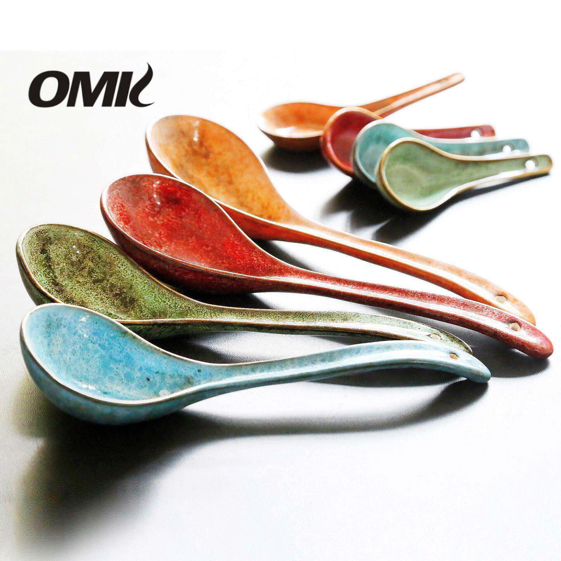 OMK Retro style ceramic soup spoon long handle