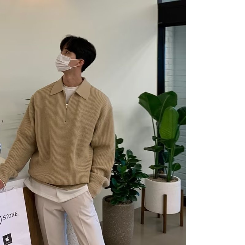 H half zipper sweater men's autumn winter style Japanese vintage high-end lazy lapel knitwear loose casual S86_voghion.com