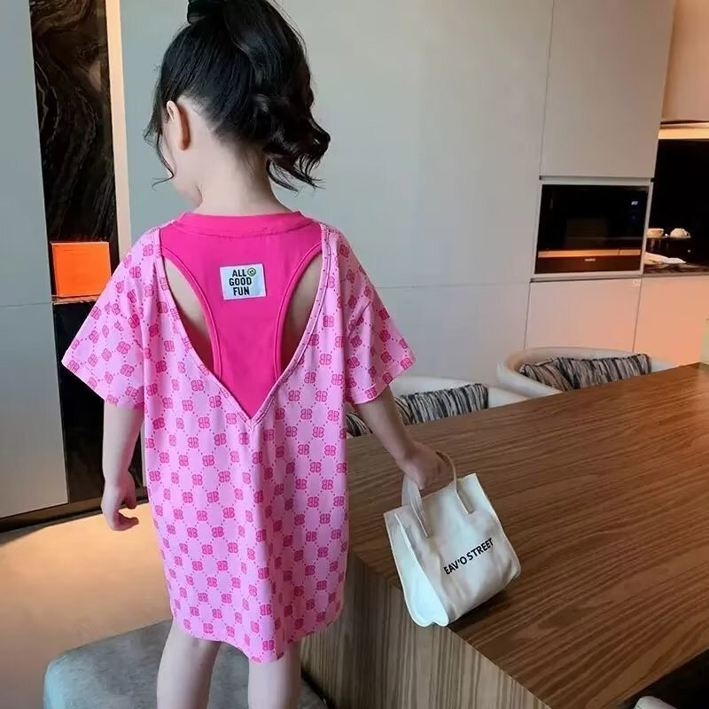 Tumama KIds Dress girls in the long section of the summer clothes in the middle school children temperament short-sleeved loose little girl T-shirt dress