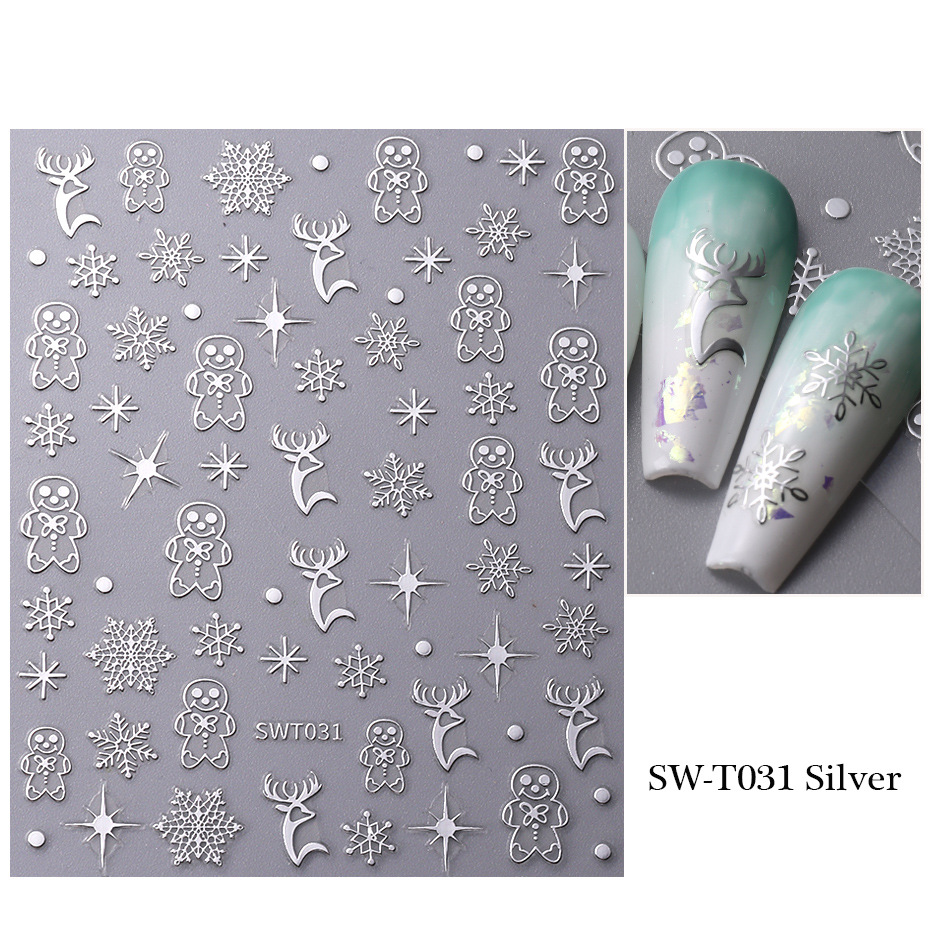 Dorisna Merry Christmas Self Adhesive Nail Art Stickers Snowflake Elk Gingerbread Man Design Metal Christmas Nail Sticker