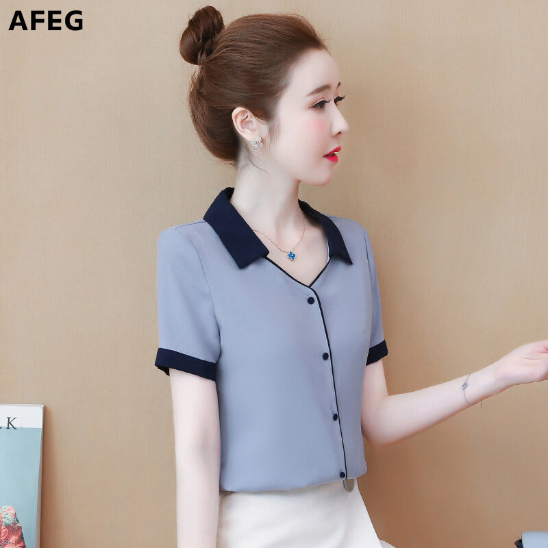 AFEG new Korean women's short-sleeved V-neck chiffon casual fashion wild temperament elegant blouse