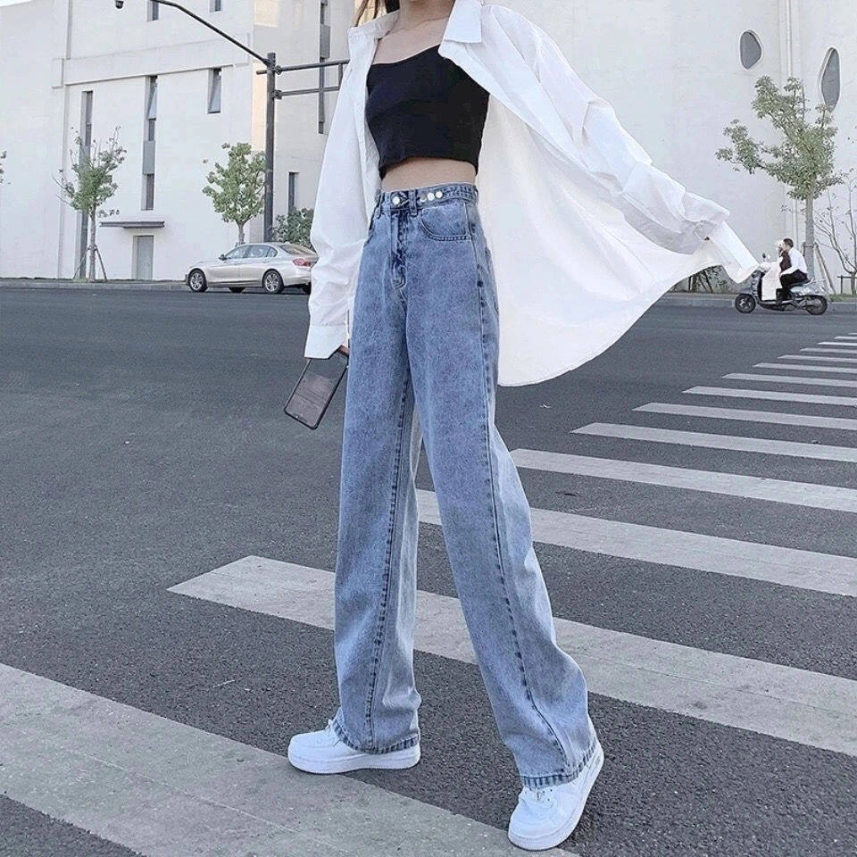 Spring and autumn new wide -leg denim trousers female Korean version loose high -waisted wild straight pants pants children students Japanese pants