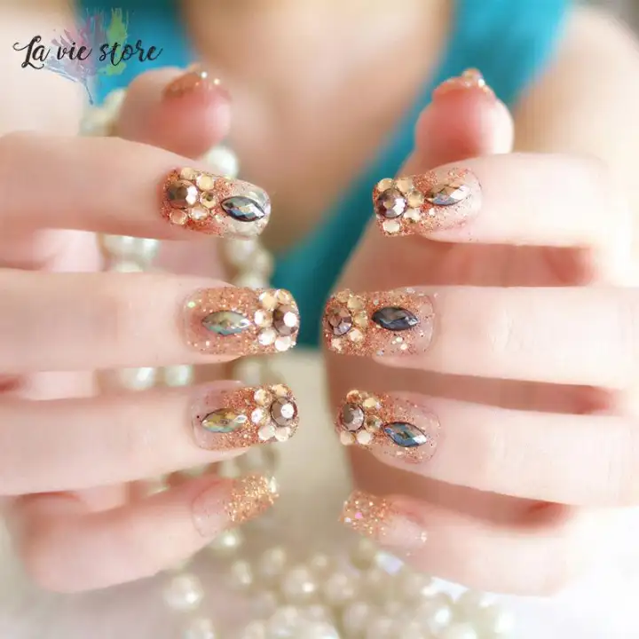 La Vis 24pcs Women False Nails Tips Beads Decor Bride Quick Remove