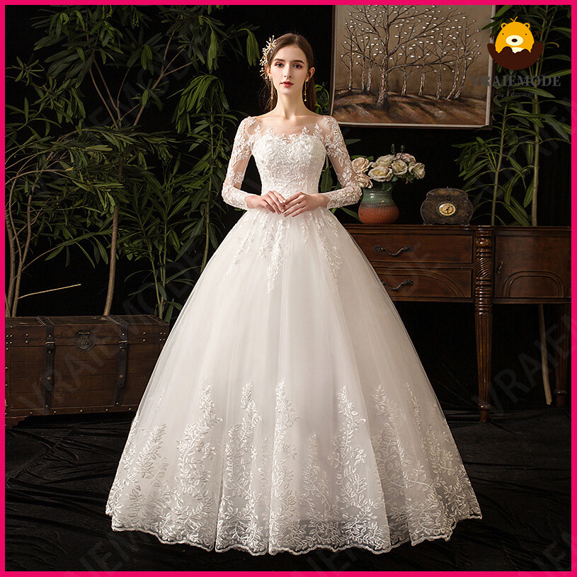 Elegant Long Sleeve Lace Applique Wedding Dress – O-Neck Lace Up Beading  Ball Gown with Crystal Robe