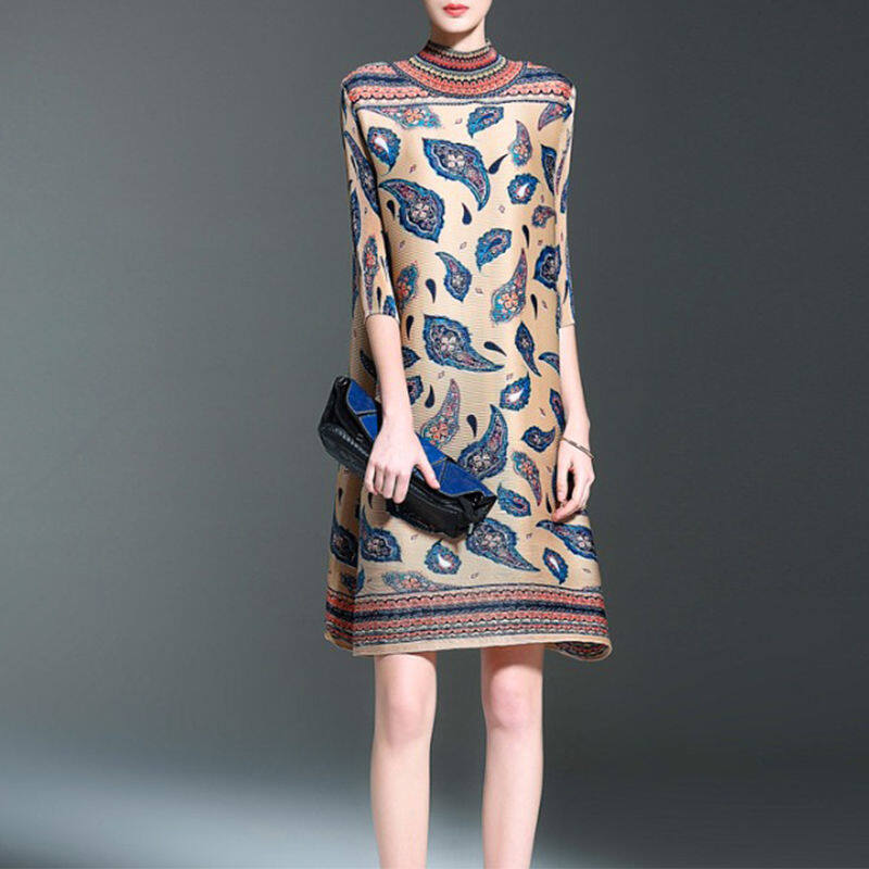 NOVA quality❤ Miyake pleated half-high collar fashion printed dress ❤spring new product European and American style high-end A-line skirt