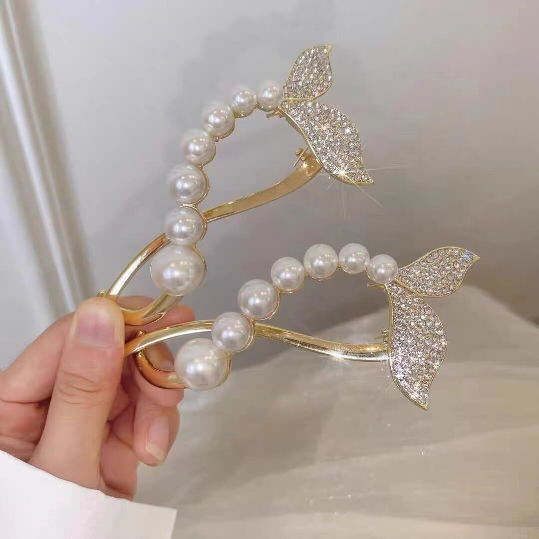 Fashion Pearl Rhinestone Mermaid Fishtail Metal Curved Hair Clip for Women Elegant Large Hair Claw Clamp Headwear Hair Accessories