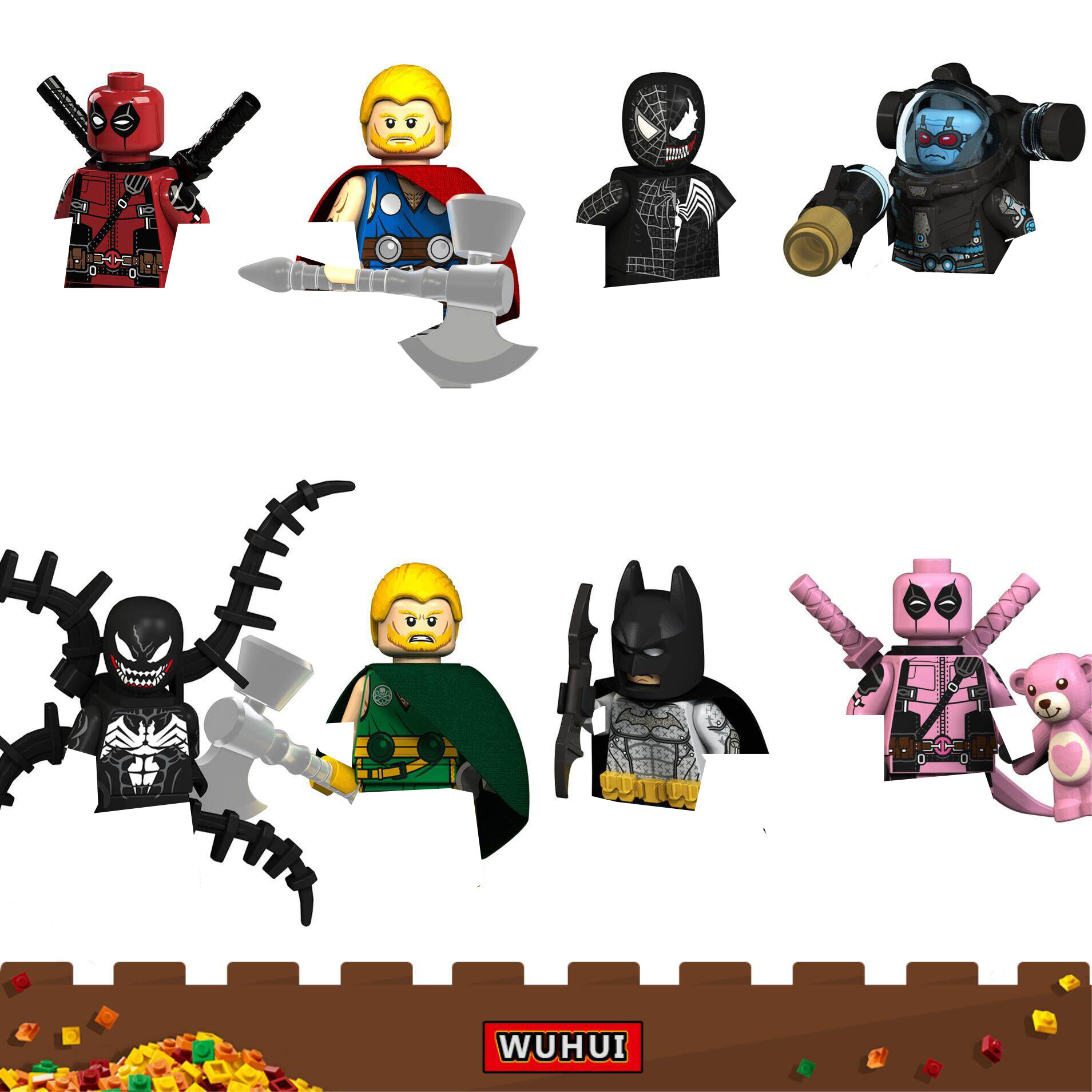 WUHUI 8pcs Marvel Superhero Minifigures Toy Building Kit Toys Building Blocks Deadpool Venom Thor Building Bricks For Preschool Children Ages 3 Kids Toys Compatible With All Brands