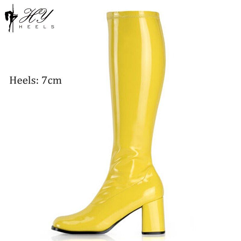 New fashion chunky heel 60s 70s gogo boots women knee high boot shining pu leather shoes eu western style