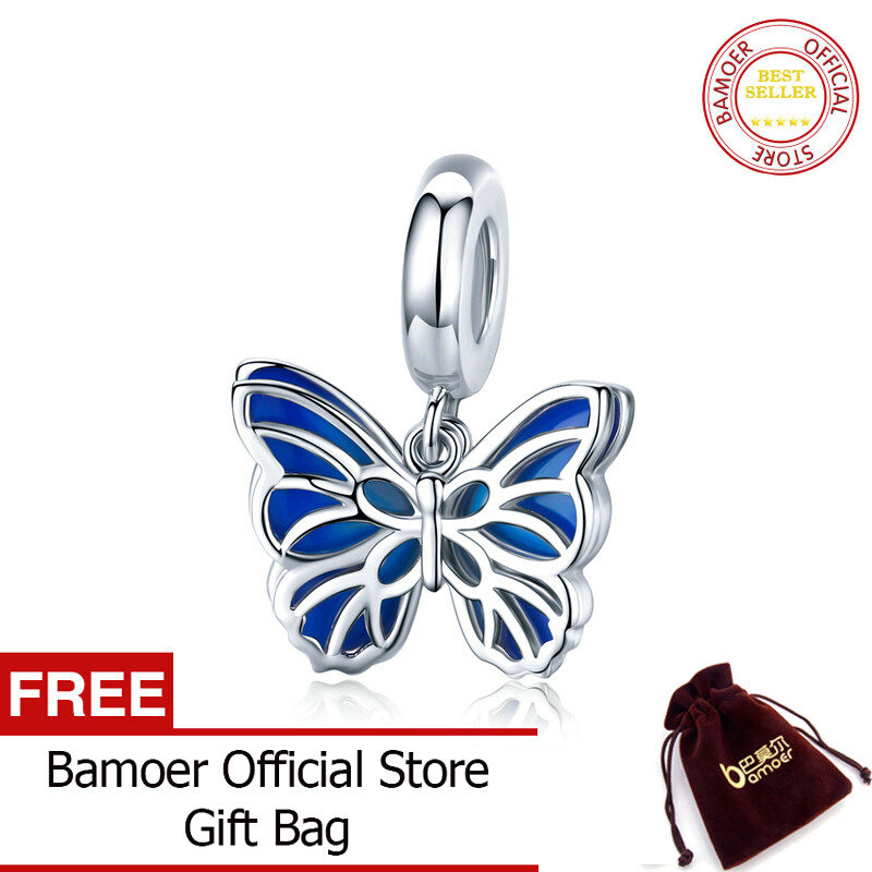 BAMOER 925 Sterling Silver Double Openwork Butterfly Pendant Charm for Bracelet Women Blue Enamel Fashion Jewelry Making BSC149