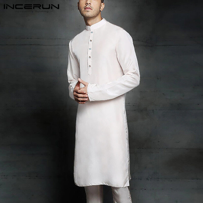 INCERUN Kurta Mens Muslim Long Sleeve Collarless Plain Shirts Kaftan Ethnic Tunic