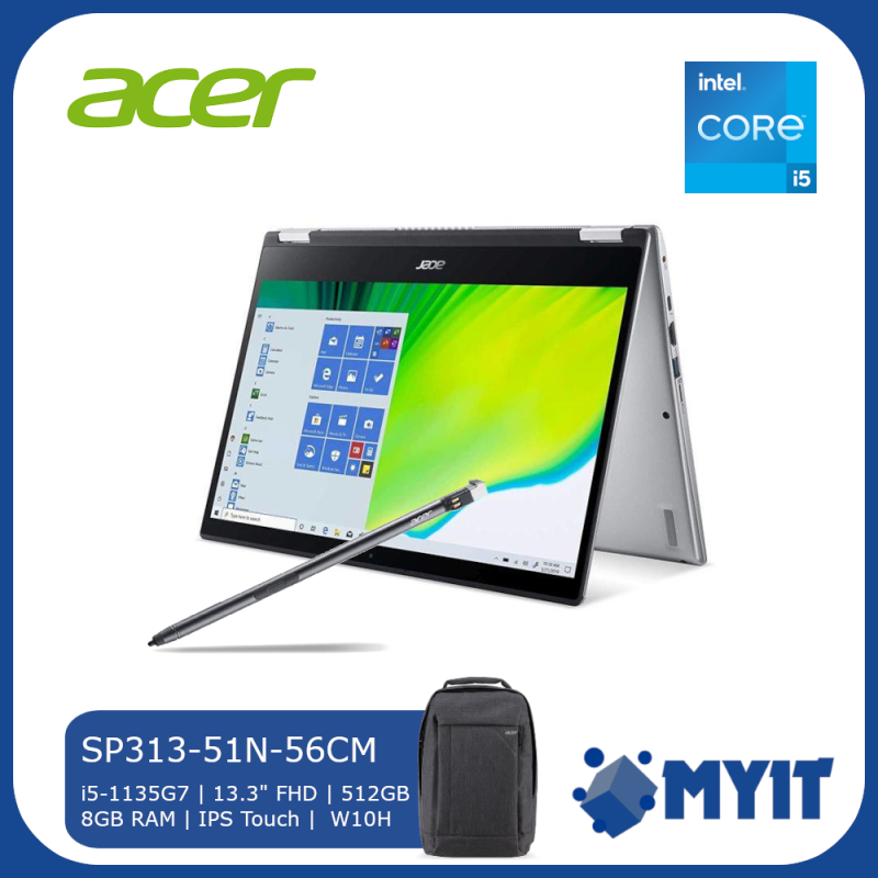 Acer Spin 3 SP313-51N-56CM Convertible Transformer Laptop 13.3 inch Multi Touch Screen FHD 1080p IPS Display Intel Core i5-1135G7 8GB DDR4 RAM 512GB SSD W10 Notebook with Bag Backpack and Drawing Stylus (Silver) Malaysia