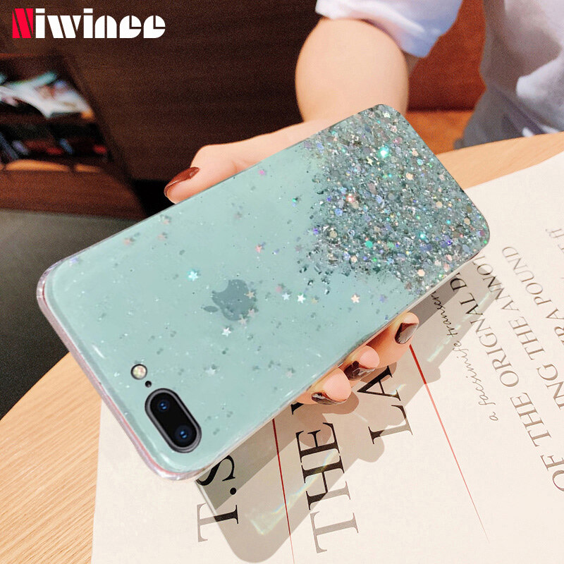 NIWINEE For iPhone 6 6s 6 plus 6s plus iPhone 7 8 7 Plus 8 Plus iPhone X XS 11 11 Pro 11 Pro Max iPhone 12 12 Pro 12 Pro Max Luxury Bling Glitter Stars Sequins Case Transparent Silicone Case Cover