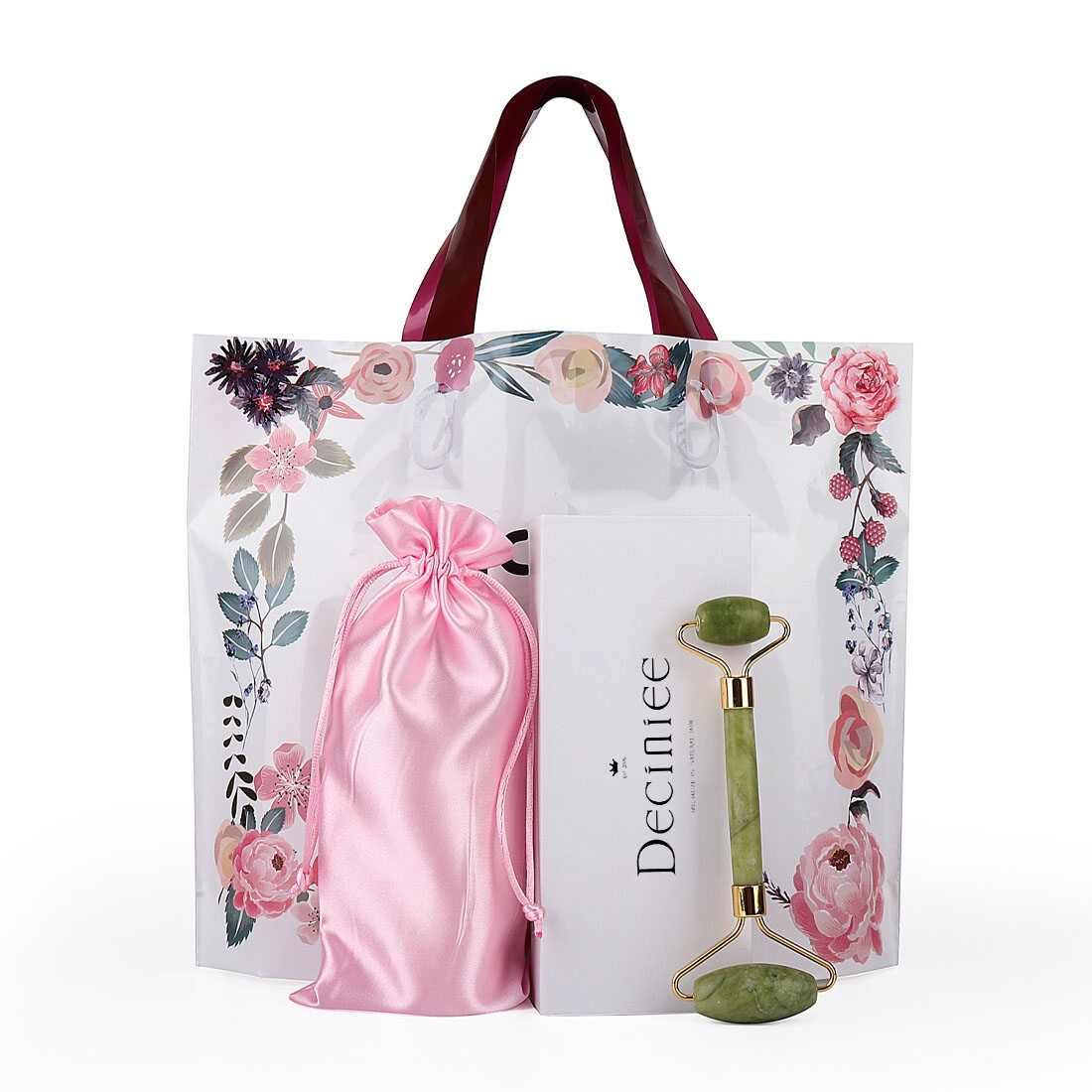 DECINIEE Rose Quartz Jade Roller Gua Sha Set Slimming Face Massager Facial Lifting Roller Natural Jade Roller with Gift Bag Box