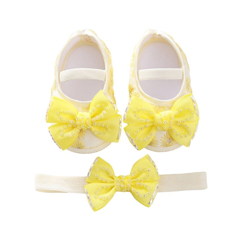 Baby Girls Mary Jane Flats Beaded Bow Princess Shoes Dress Walking Shoes and Headband for Newborn Infant Toddler