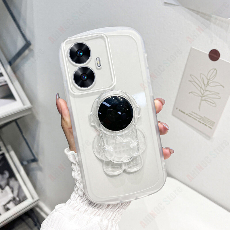 For Realme C55 Phone Case With Astronaut Bracket Soft Transparent Stand Casing Candy Color Camera Protection Back Cover