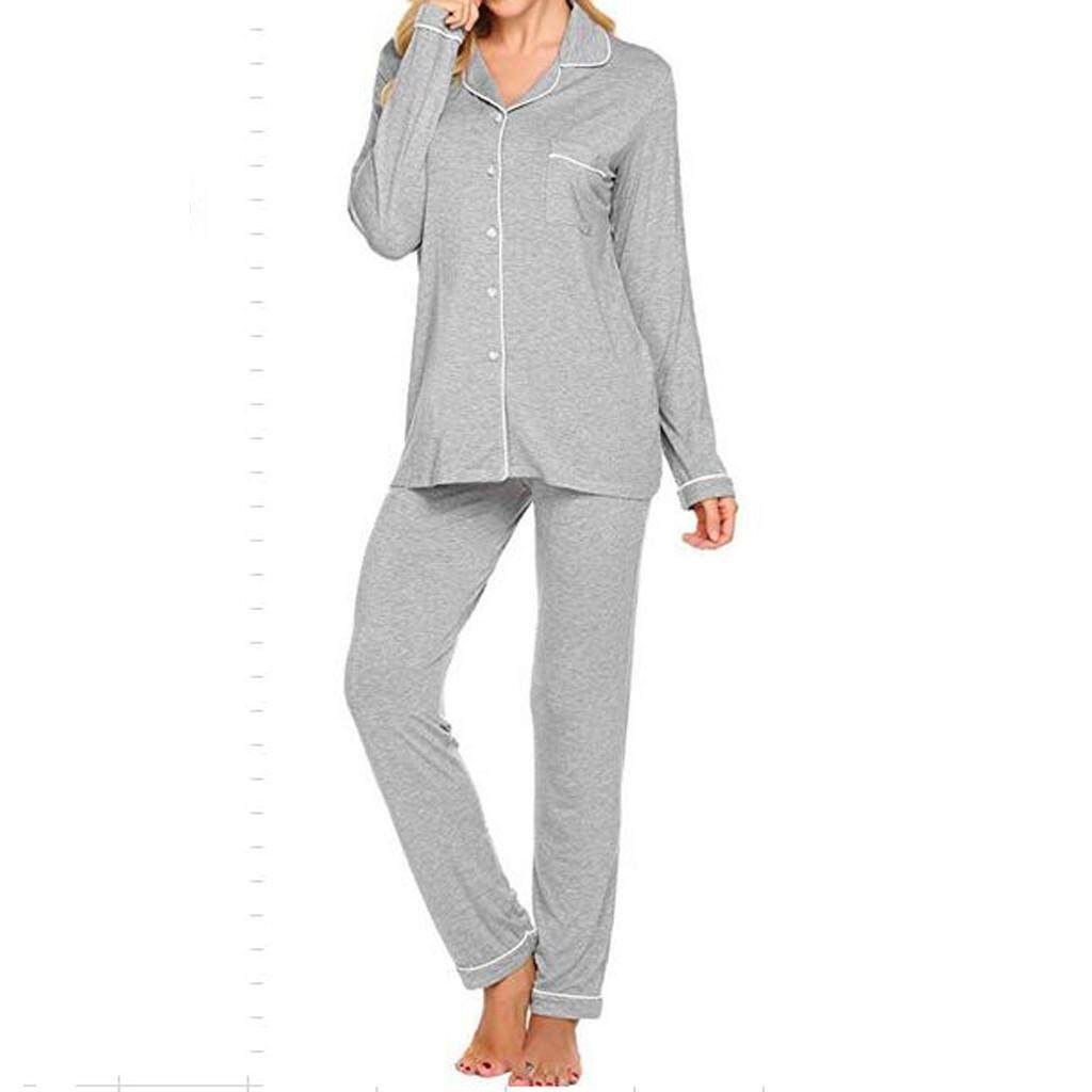 Sportkinger Harga Terendah untuk Wanita Garis Lengan Panjang Celana Piyama Tombol Kerah Pakaian Set