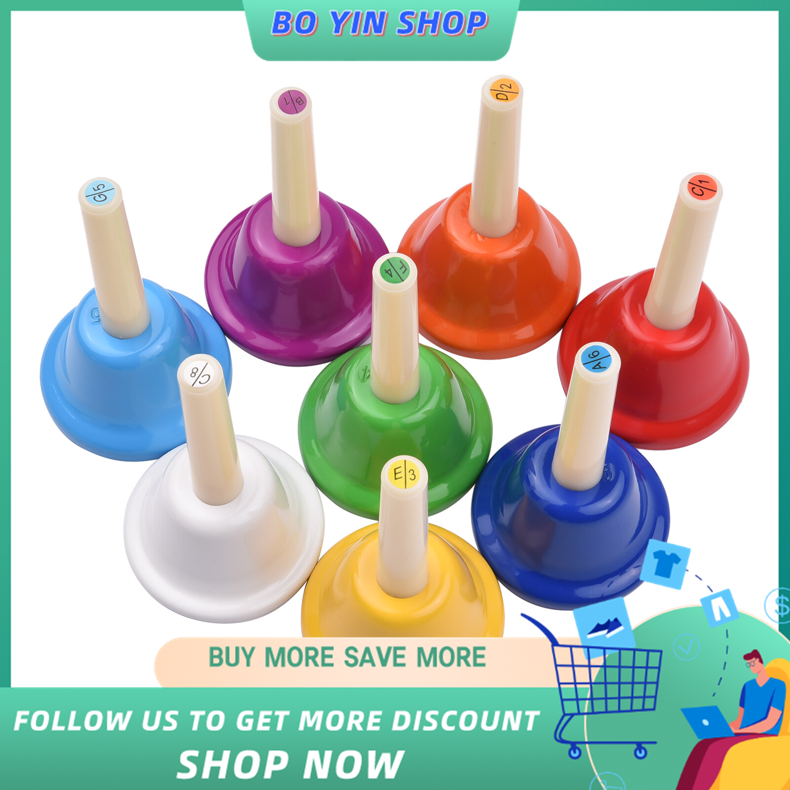 Muslady 8pcs Colorful Handbell 8 Note Diatonic Metal Hand Bells Set Tinkle Bells Percussion Instrument Toy for Kids Children
