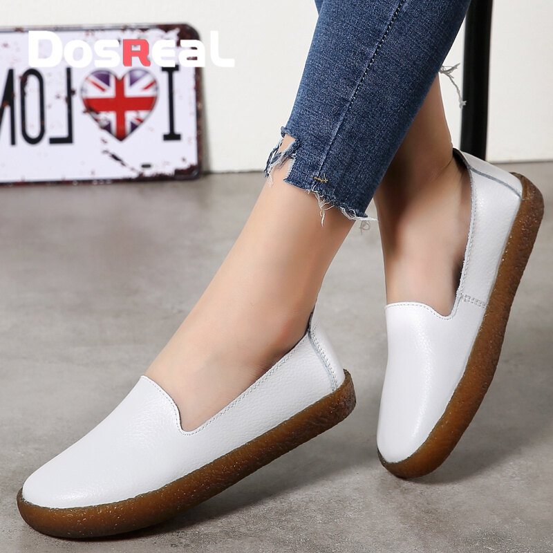 Dosreal Flat Shoes for Women Slip on Loafers Genuine Leather Women Flats Casual White Shoes Korean Ballet Shoes Big Size 35-43 ราคา 1,028 บาท*ส่งฟรี