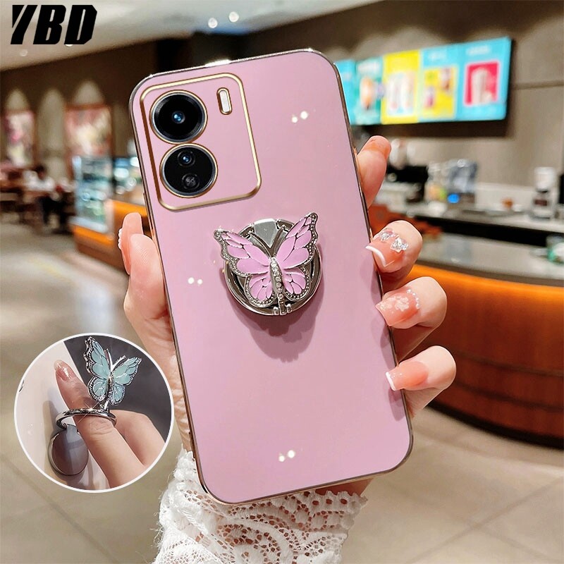 YBD Soft Case for Xiaomi Redmi 13C POCO C65 New Rotate Butterfly Stand Plating Phone Case Shockproof Beautiful Soft Case