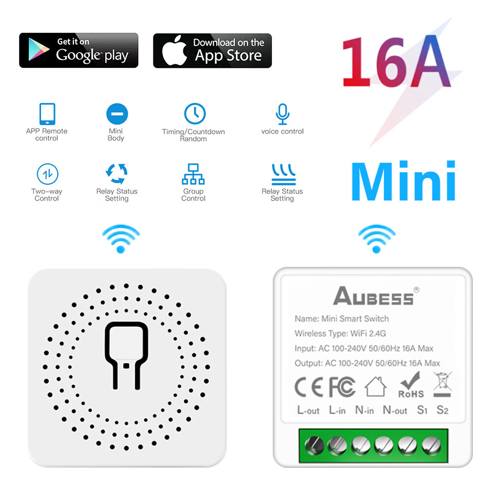 【Same Day Shipping】16A MINI Wifi Bluetooth Smart Switch Supporte 2-way Control Timer Wireless Switches Smart Home Automation Compatible With Tuya AlexaGoogle Home,Bluetooth WiFi Dual Mode, No Switch (direct Wire) + Single Control Switch + Double Control S