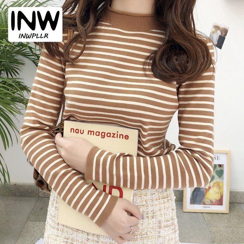 INWPLLR Fashion Newest Women Sweaters Autumn Korean Turtleneck Pullovers Casual High Elastic Striped Sweater Lady Knitted Tops