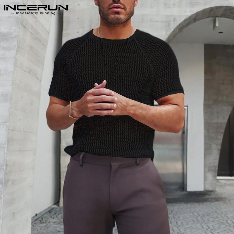 (Western Mesh Style) INCERUN Mens Short Sleeve Sheer Mesh Fit Knit T Shirt Casual Muscle Blouse Top Tee