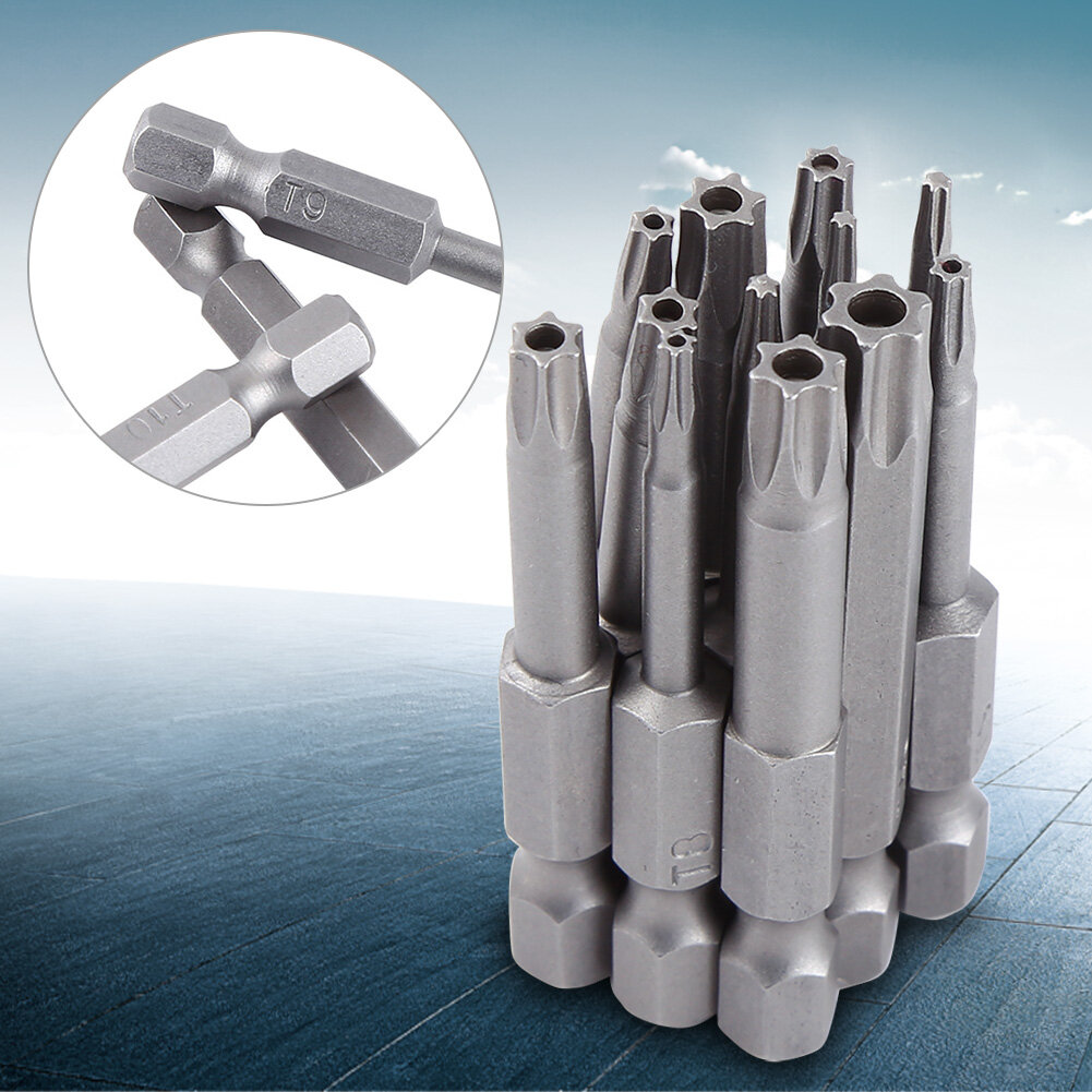 Bộ tua vít đầu sao 1/4 inch chuôi lục giác đầu torx tua vít t5-t40 s2 bộ công cụ tua vít nam châm bằng thép 50mm 12 cái