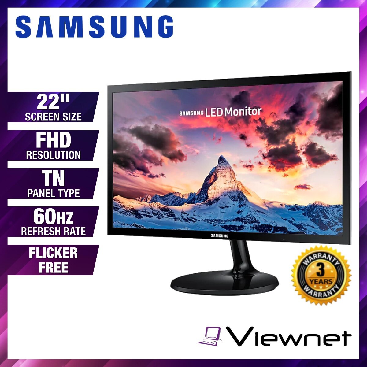 Samsung 22 Full HD LED Monitor TN 60Hz 5ms SF350 S22F350FHE (LS22F350FHEXXM) VGA & HDMI Port, Slim Depth Design, VESA Compatible, Game Mode, Eye Saver Mode & Flicker Free Malaysia