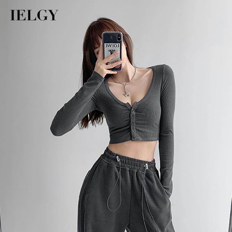 IELGY new short cropped bottoming shirt tight-fitting large neck short-sleeved T-shirt high-waist crop top for women
