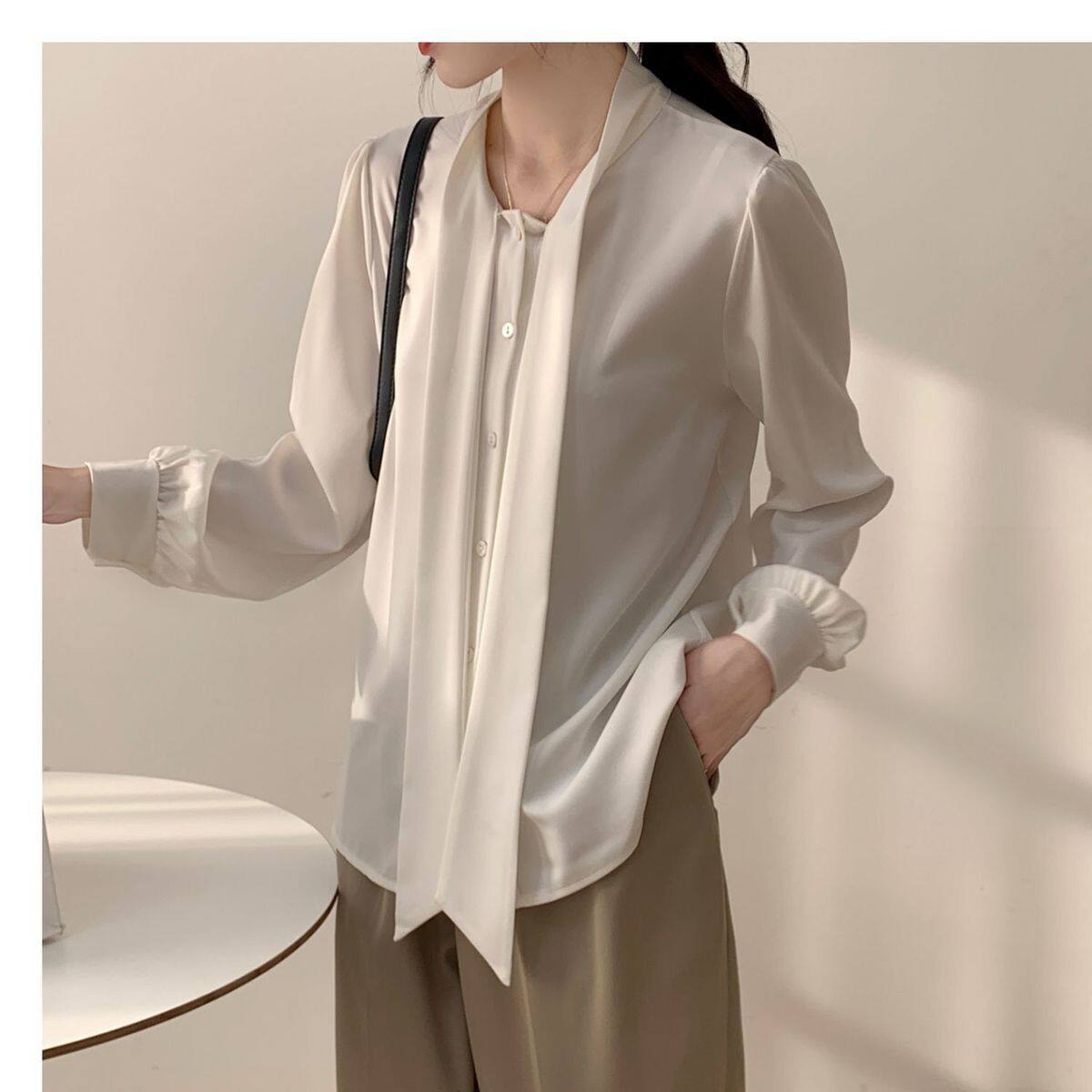 Bowknot Shirt Women's Long-sleeved Chiffon Tops