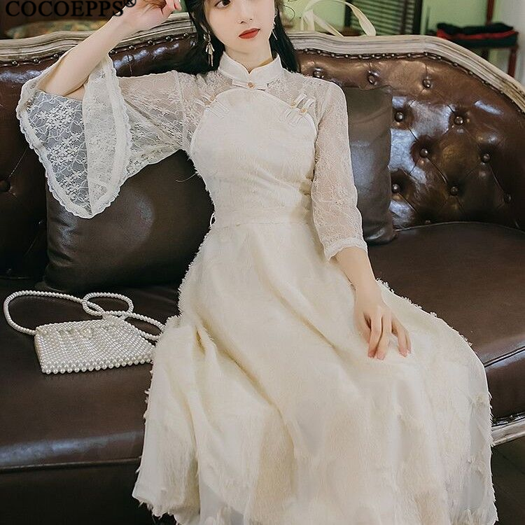 COCOEPPS COCOEPPS dresses for women cheongsam 2024 Women Summer New French Retro Lace Dress chinese new year clothes 2024