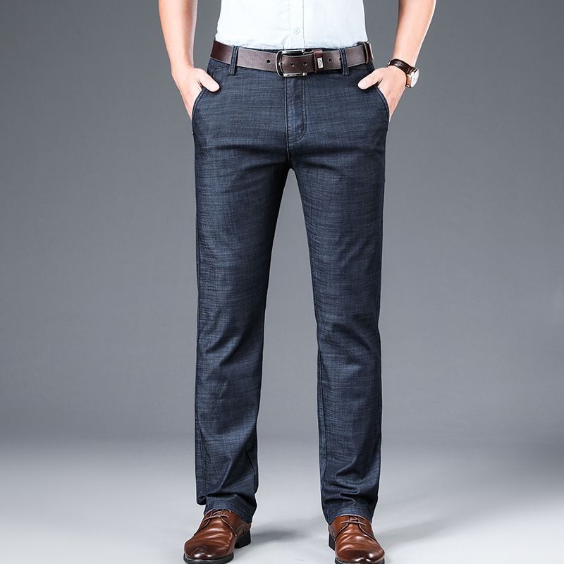 Tencel Lightweight Jeans Men's Straight Casual Pants Stretch Slim Denim Trousers
