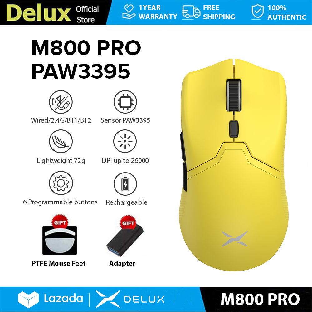 Delux M800 PRO PAW3395 Gaming Mouse DPI MAX 26000 Wired 2.4G Bluetooth Wireless Rechargeable Programmable 72g Lightweight for PC/Laptop/Windows/Mac Yellow color