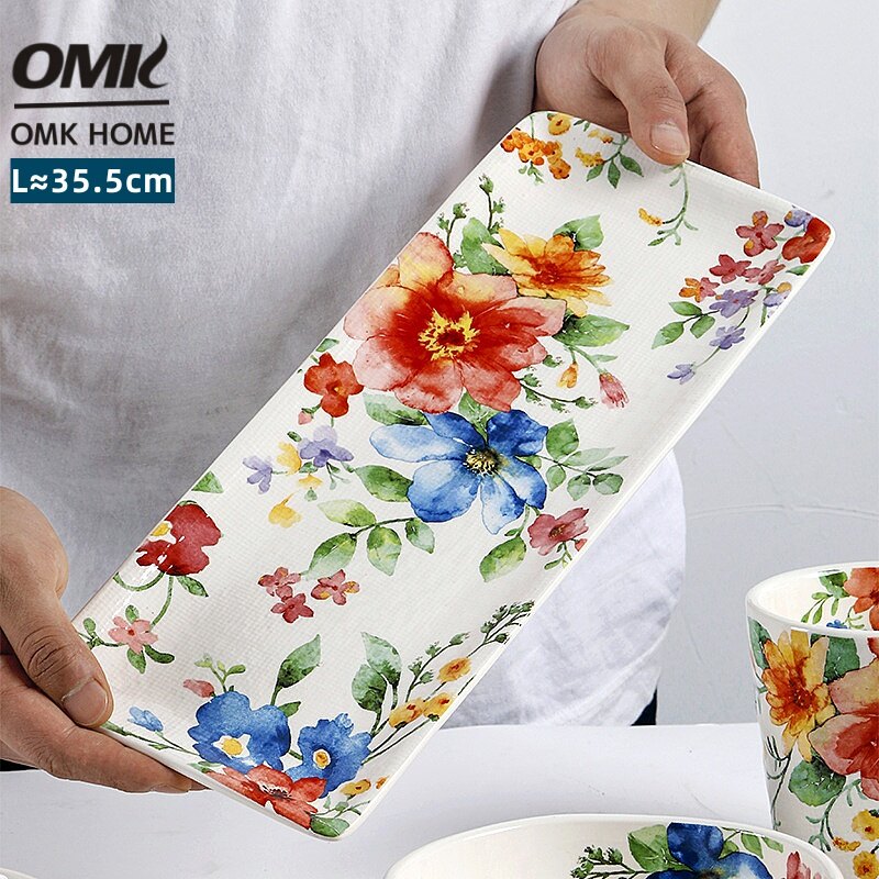 Omk mùa xuân loạt gốm 14 inch hình chữ nhật đĩa phẳng để thức ăn Salad món tráng miệng khay đĩa