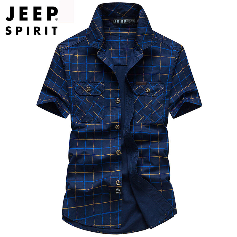 JEEP SPIRIT Men's Shirt Summer New Short-sleeved Plaid Half-sleeved Shirt Non-iron Pocket