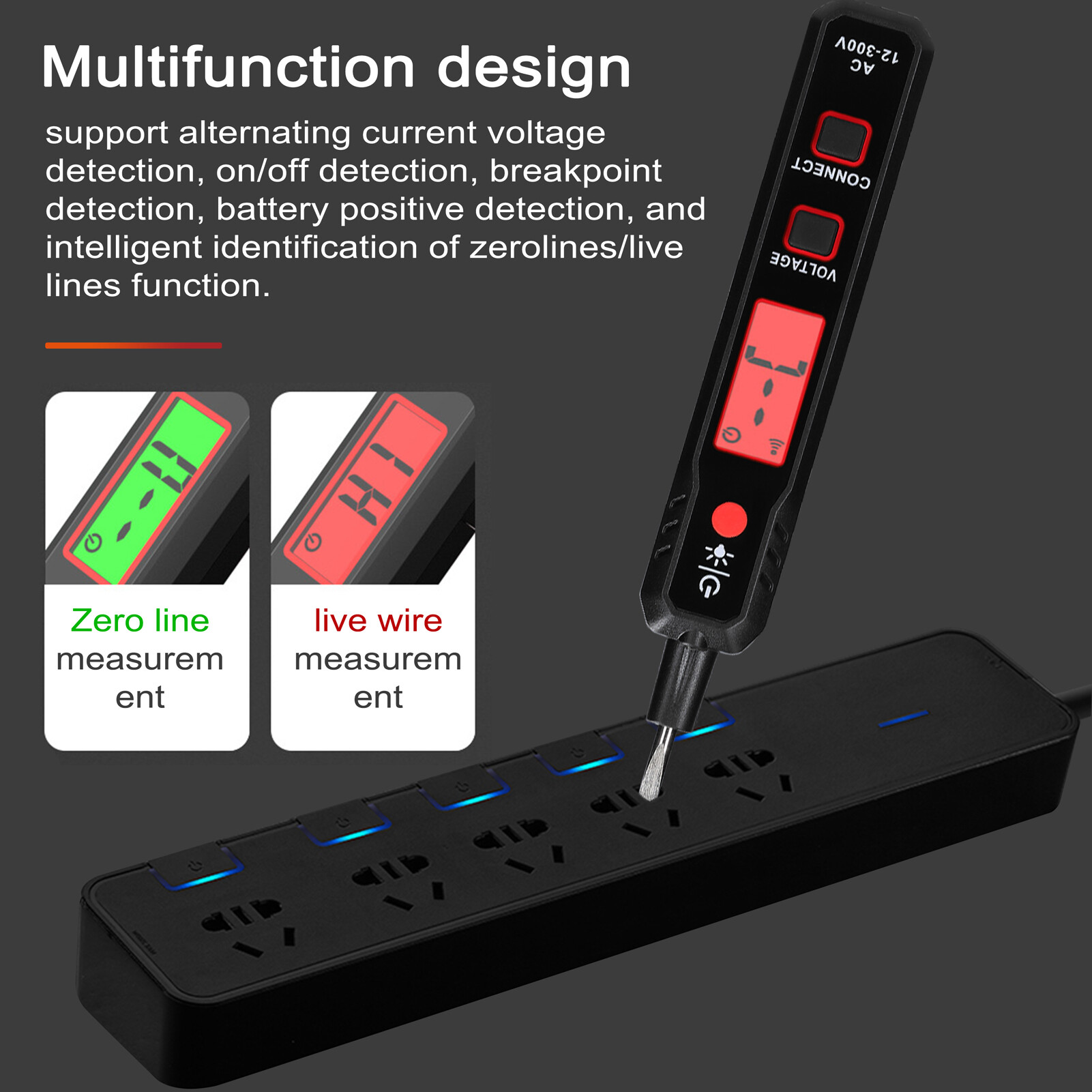 Smart Sensor LCD Display Electric Test Pen AC12-300V Voltage Tester Live/Zero Wire Detector Cable Breakpoint Finder with Flashlight and Sound Light Alarm Function