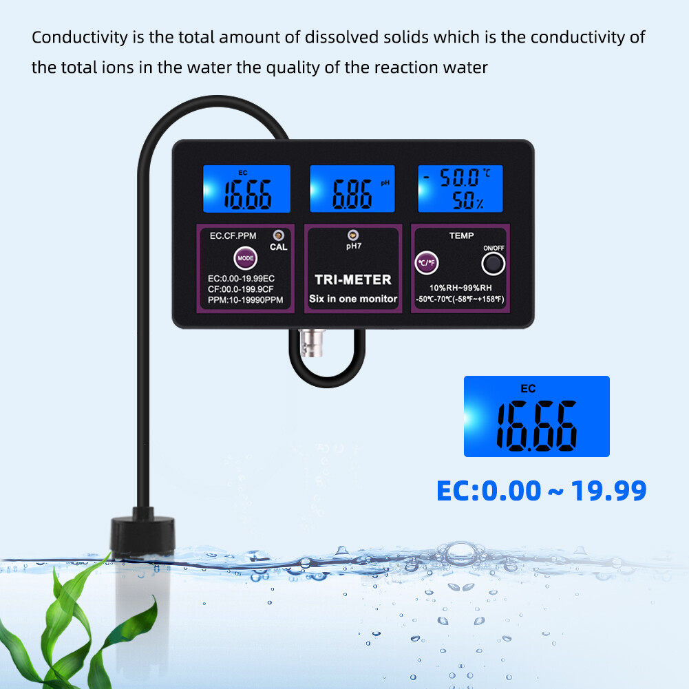 Yieryi Máy Kiểm Tra Chất Lượng Nước 6 Trong 1 Mới Máy Đo Độ PH, Bể Cá Đa Tham Số PH/Nhiệt Độ/EC/CF/RH/TDS