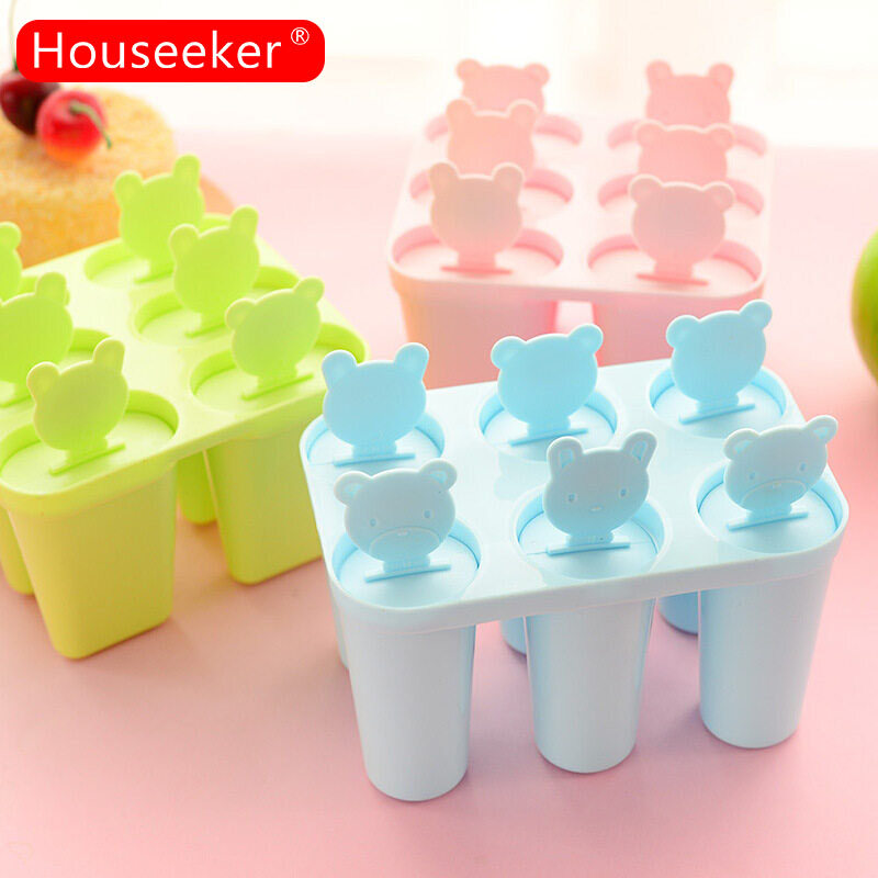 Houseeker 6 Grids Cartoon Fruit Ice Cream Mold Cute Bear Diy Round Square Popsicle Maker Ice Cube Tray For Summer