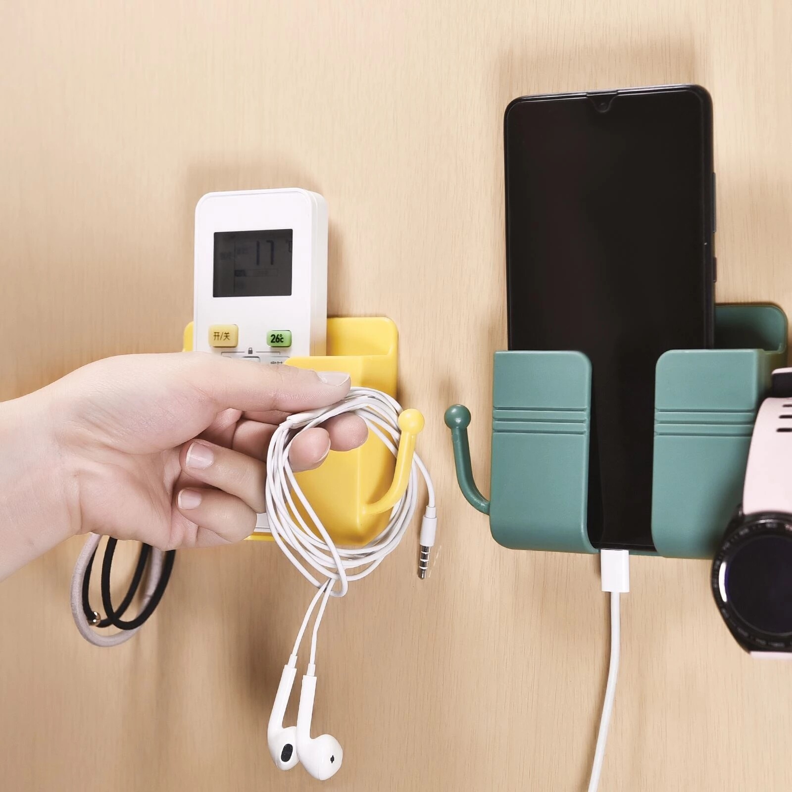 Wall Mounted Organizer Storage Box Remote Control Mounted Mobile Phone Plug Wall Holder Charging Multifunction Adhesive Holder