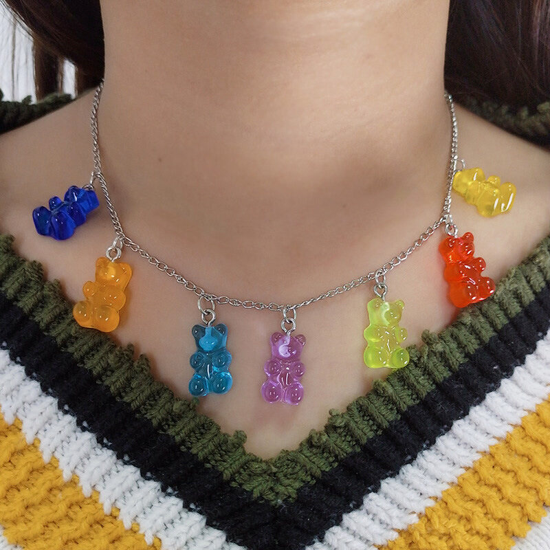 【♡Lovely girls house♡】Transparent Multicolor Bear Necklace for Women Candy Color Resin Gummy Bear Pendant Women Jewelry