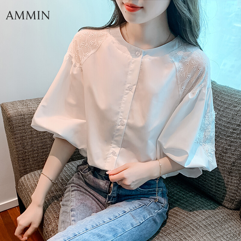 AMMIN Korean Style Sweet Embroidered flower cut-out short sleeve white chiffon shirt for women's summer new vintage casual round neck lantern sleeve commuter elegant blouse