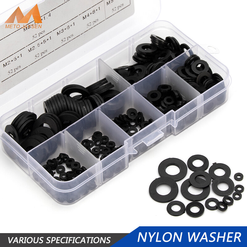 350pcs/set 7 Sizes Black Nylon Flat Washer Assortment Kit M2/M2.5/M3/M4/M5/M6/M8 