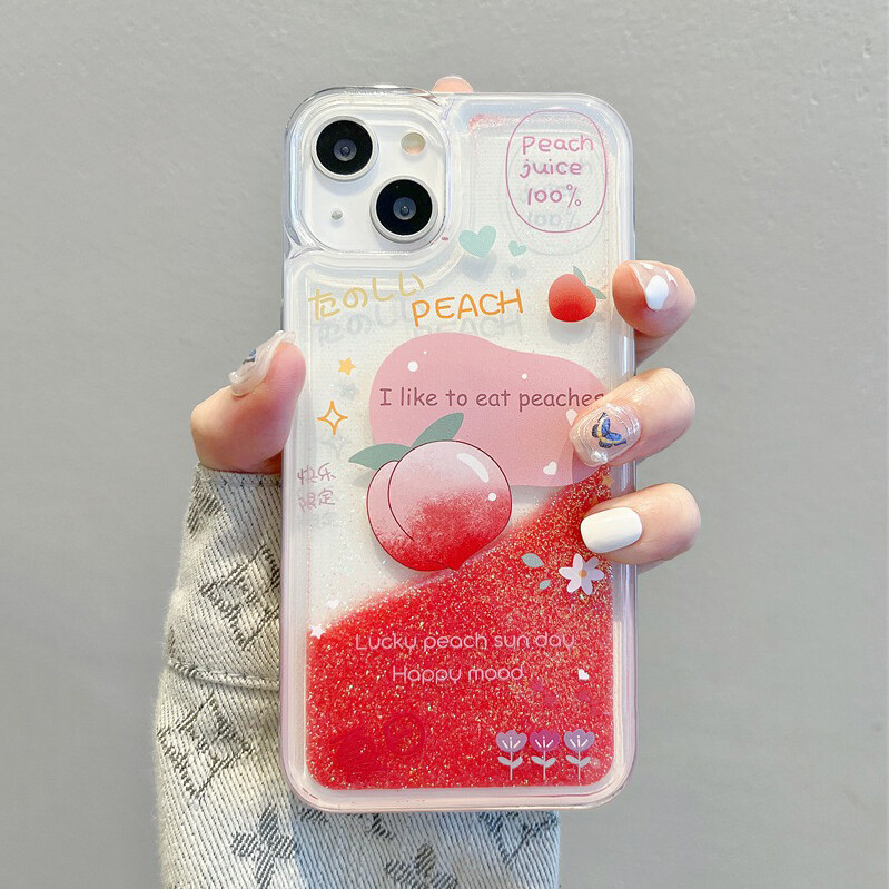 CrashStar Liquid Quicksand Summer Lemon Peach Juice Pattern Phone Case For iPhone 15 Pro Max 14 Plus 13 12 11 Pro Max Mini XR XS X 6 6S 8 7 Plus + SE 2020 Fashion Phone Casing Soft Transparent Cover Shell Hot Sale