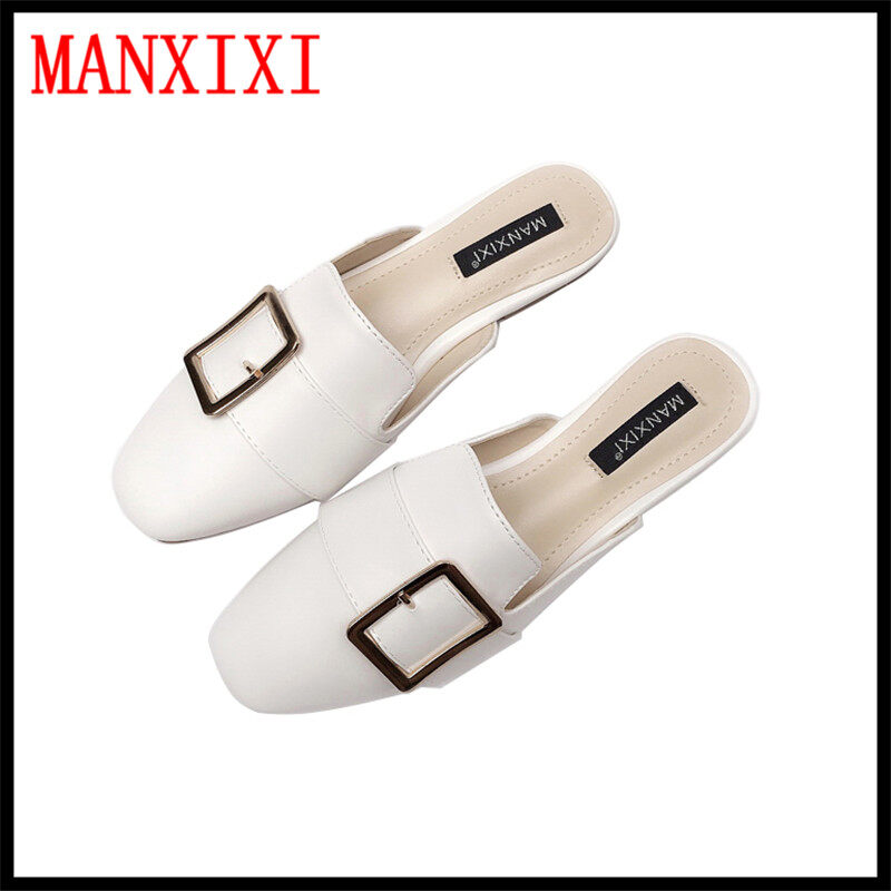 MANXIXI Brand Korean Version Mules Sandals Leather Shoes Flat Slippers Simple Solid Color Square Head Shoes For Women (35-40 Size)