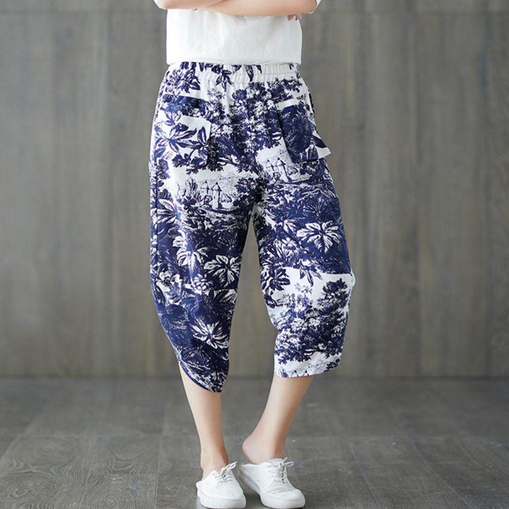 Women Vintage Loose Casual Cotton and Linen Calf-Length Harem Pants