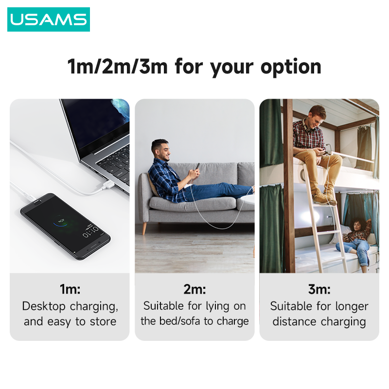 USAMS 2.4A Lightning Charging Cable For USB to Lightning Charge iPhone Cord USB Data Cable For iPhone 7/8/iPhone X XS XR /iPhone 11 12 13/iPhone 14/iPhone14 Pro