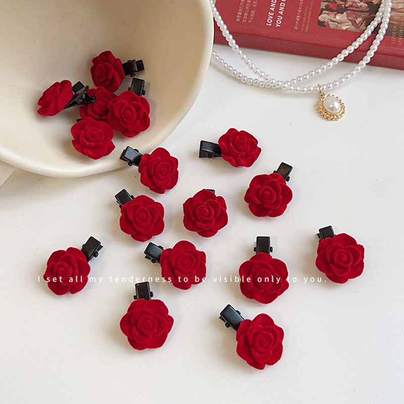 Flocked red rose hairpins
