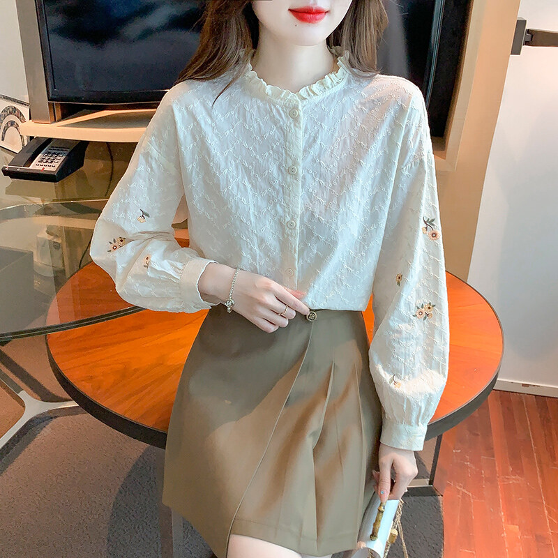 REHIN Women's top High-neck ruffle long sleeve shirt ladies French lace cotton blouse
