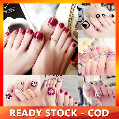 【With Glue】24pcs Toe Fake Nail Patch Nail Art Short Fake Nails Patch Full Cover Artificial Fake Nails with Free 2g Glue
